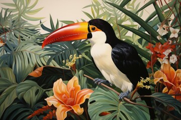 Obraz premium a painting of a toucan bird sitting on a branch surrounded by tropical flowers and greenery with orange and yellow flowers.