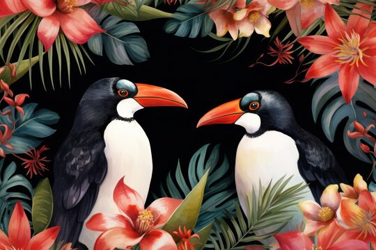  a painting of two birds sitting next to each other in front of a black background with red and white flowers.