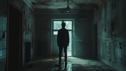 a man is standing in an abandoned room gloomy mood