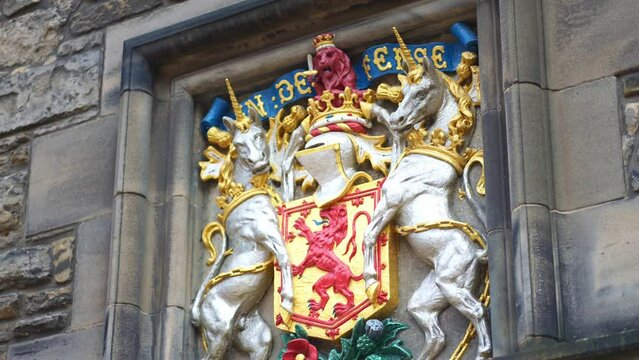exterior decor of Edinburgh castle in Scotland. Historic medieval fortress in old town. Travel destination, tourism landmark in UK.