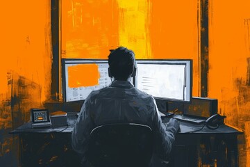 man sits at a desk with a computer with two monitors in orange, black, and white color