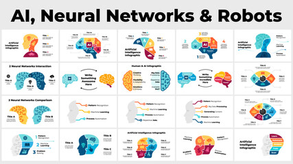 AI Infographic Template. Artificial Intelligence Illustration. Computer Language Chart Diagram. Neural Network Logo. Chip micro-scheme. Robot, cyborg icon. Droid humanoid head. Deep machine learning