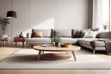 Scandinavian Interior home design of living room with gray sofa and wooden table
