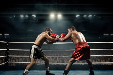 Fototapeta na wymiar Two male boxers engage in a match under bright lights.