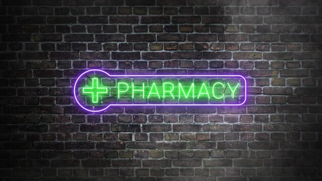 Pharmacy green neon signboard on bricks wall background. Pharmacy logo blinking. Concept of drug stores and pharmaceutical companies. Illuminated neon symbol of first aid
