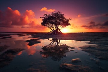  a tree sitting in the middle of a body of water with the sun setting behind it and clouds in the sky.