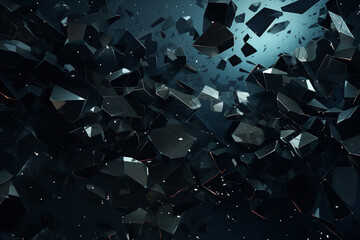 Graphic resources. Abstract and futuristic black background with copy space. Broken and explode black material particles and fragments - obrazy, fototapety, plakaty