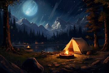 A campsite by a serene mountain lake under a bright full moon and starry sky.