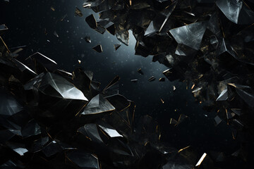 Graphic resources. Abstract and futuristic black background with copy space. Broken and explode black material particles and fragments