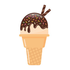 Ice cream with wafer rolls vector illustration on white background. Chocolate ice cream with cookies. Sweet dessert.