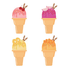 Ice cream with wafer rolls vector illustration on white background. Ice cream is available in cherry, dragon fruit, orange and mango fruit flavors.