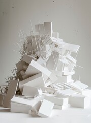 a pile of scrapped white paper buildings