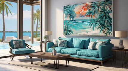 Modern seaside living room with bold tropical artwork and ocean backdrop.