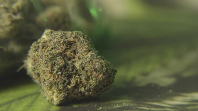 panning close up shot of a marijuana bud in front of a bag of cannabis flower