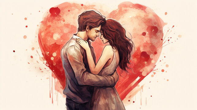 Valentine's Day, A Romentic couple are hugging, in heart shape illustration