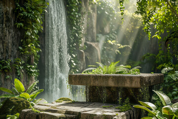 Waterfall Podium in a Rainforest, podium for product presentation, simple stone podium set against a backdrop of a majestic waterfall in a lush surreal rainforest. 