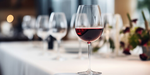 Beautiful glass of red wine on table in elegant restaurant