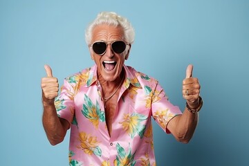 Portrait of a happy senior man showing thumbs up over blue background