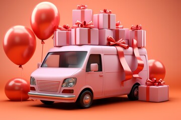 Red Delivery Van Loaded with Packages, on an isolated Coral Pink background, Generative AI