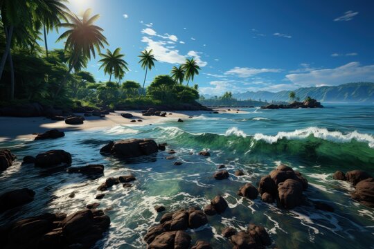  a painting of a tropical beach with palm trees and waves crashing on the shore and rocks in the foreground.