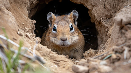 Closeup of a curious Mongolian Gerbil peeking out of its partially covered burrow keeping a watchful eye on its surroundings while it continues to dig