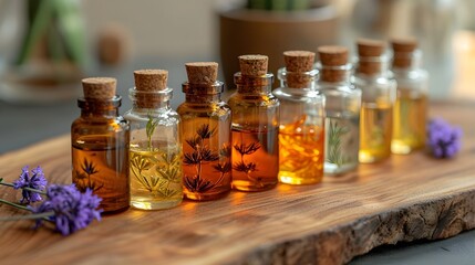 essential oil bottles at a nature background, brand photography, marketing visualization, cosmetics, skin care and beauty concept 