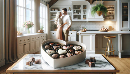A romantic heart-shaped box of chocolates on a marble kitchen counter in a bright, cheerful room with a couple embracing in the background