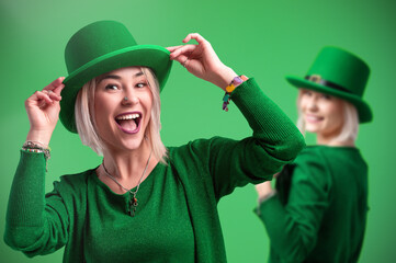 St. Patrick's Day. Two women in leprechaun hats celebrating St. Patrick's Day