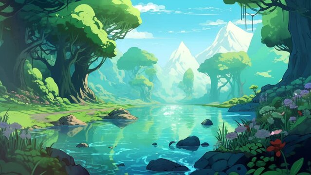 Animated illustration of a tropical river in the middle of a forest with natural views and a peaceful atmosphere. Background animation.