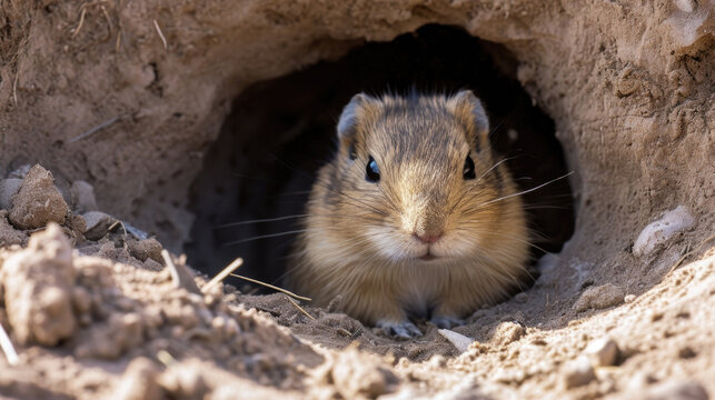 Closeup of a fluffy Mongolian Gerbil nestled inside its partially covered burrow taking a moment to rest after a long session of digging and burrow maintenance