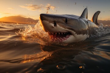  a great white shark with it's mouth open and it's mouth wide open, swimming in the ocean at sunset.