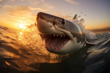  a great white shark with it's mouth open and it's mouth wide open as it swims through the water.
