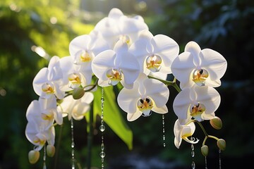  a group of white orchids with drops of water hanging from it's stems in front of a green background.