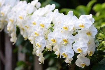  a bunch of white flowers that are next to each other in a planter in front of a wooden fence.