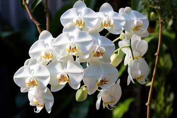  a bunch of white and yellow orchids on a tree with green leaves in the foreground and a building in the background.