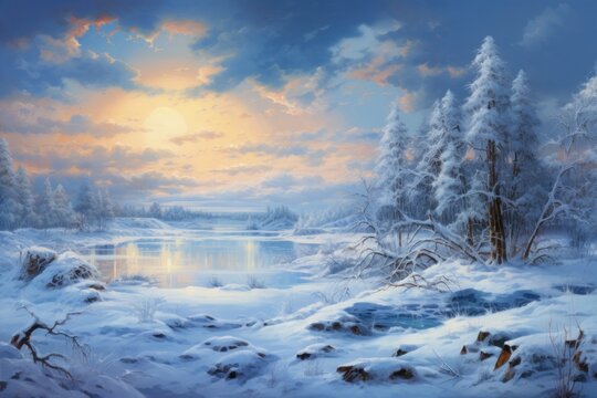  a painting of a snowy landscape with a lake in the foreground and trees on the other side of the lake.