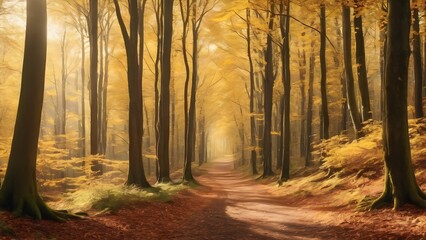 Naklejka na ściany i meble morning in the forest during autumn season 