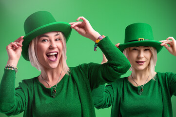 St. Patrick's Day. Two women in leprechaun hats celebrating St. Patrick's Day