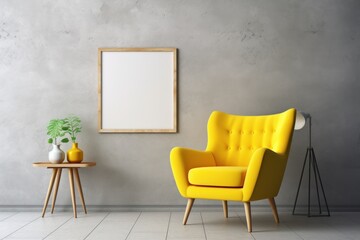  a yellow chair next to a table with a potted plant and a picture frame hanging on a gray wall.