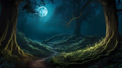 night in the forest during moonlight 