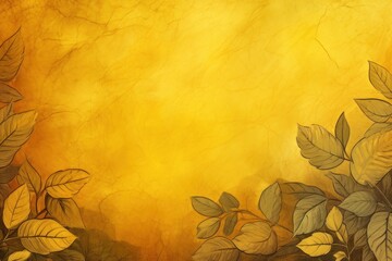  a painting of leaves on a yellow background with a place for a text or an image to put on it.