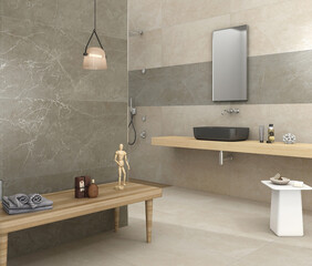 Luxury cozy marble bathroom interior with bathtub, sink and shower with accessories, cabinet and vertical heated towel rail, panoramic window on tropics. 3D Rendering