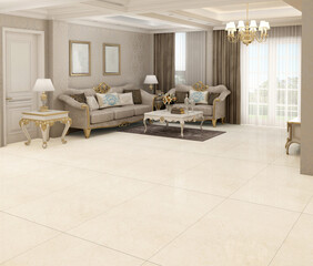 Elegant and comfortable designed living room with big corner sofa, marble floor and big windows. 3D Rendering