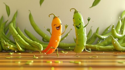 Two peas in a pod doing the tango with a bunch of green beans clapping along in the background - obrazy, fototapety, plakaty