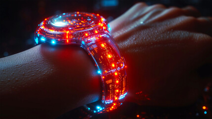 Fototapeta na wymiar An AI generative image of futuristic smart watch at a men wrist.