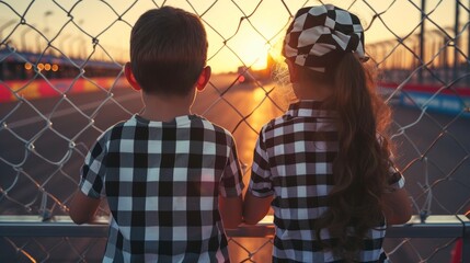 A little boy and girl both donning matching checkered flag tshirts stand side by side at the fence...