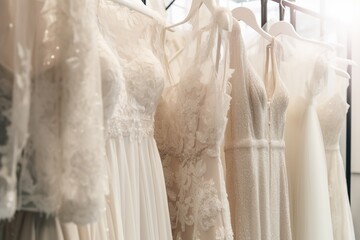 Elegant white lace dresses hanging on wooden hangers with a soft focus background.
