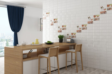 Luxury dining room interior with brown marble floor, white marble walls, white dining table and chairs. Mockup. 3D Rendering