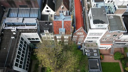 The drone is flying topdown over the house of Anne Frank in Amsterdam The Netherlands Aerial Footage 4K
