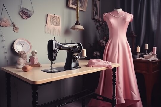 Vintage sewing machine with elegant pink dress on mannequin in a tailor's workshop.